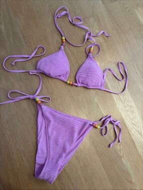 Dippin' Daisy's Lilac Pink Triangle String Bikini with Bead Accents